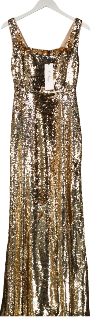 LIPSY Metallic Gold Premium Flower Trim Sequin Square Neck Maxi Dress UK 6