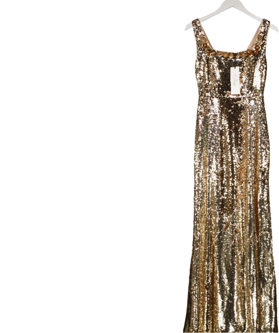 LIPSY Metallic Gold Premium Flower Trim Sequin Square Neck Maxi Dress UK 6