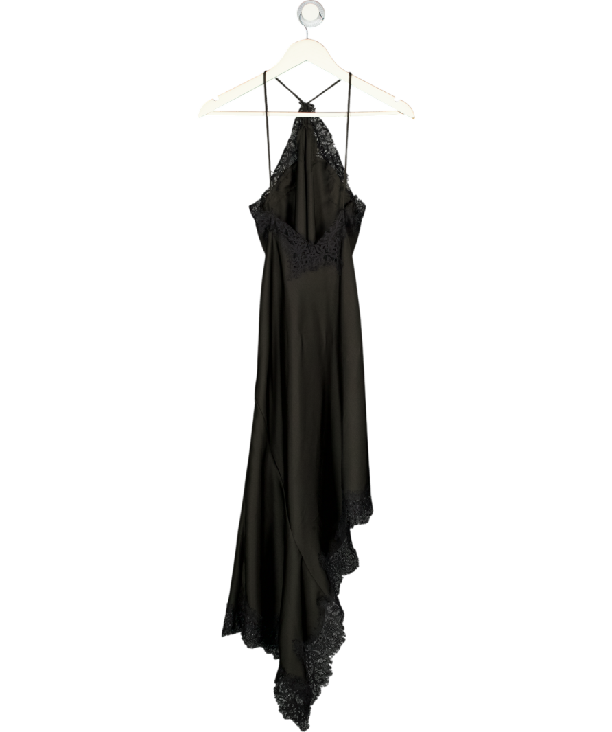 ZARA Black Satin & Lace Halterneck Asymmetric Slip Dress UK XS