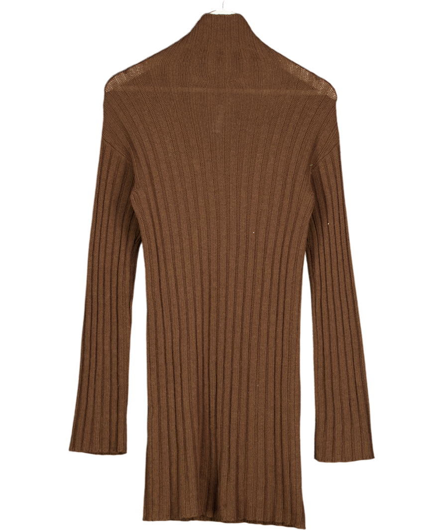GIMAGUAS Brown High Neck Wool / Cashmere Blend Rib Knit Dress UK S
