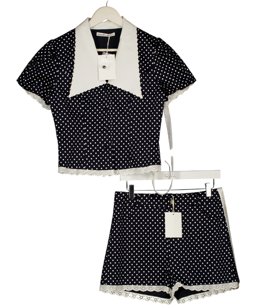 ASANDRA STUDIOS 2-piece Navy Blue / White Polka Dot Robyn Lace Trimmed Top And Shorts Sety UK 10