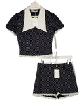 ASANDRA STUDIOS 2-piece Navy Blue / White Polka Dot Robyn Lace Trimmed Top And Shorts Sety UK 10