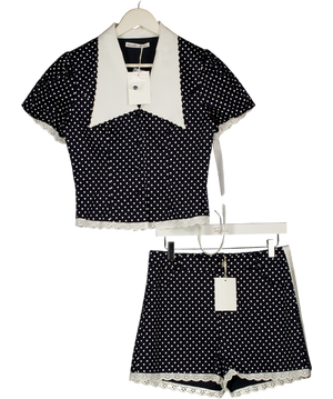 ASANDRA STUDIOS 2-piece Navy Blue / White Polka Dot Robyn Lace Trimmed Top And Shorts Sety UK 10
