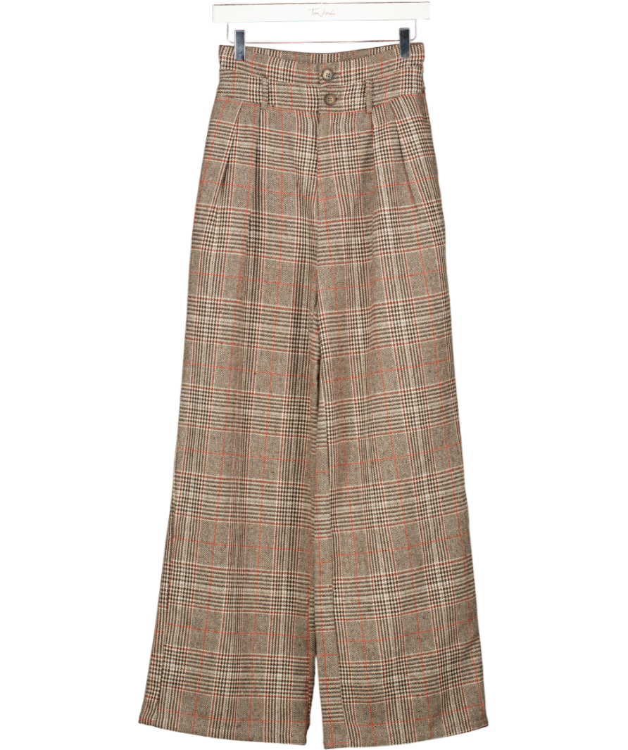 Commense Beige Belted Plaid High-waisted Pants UK XS