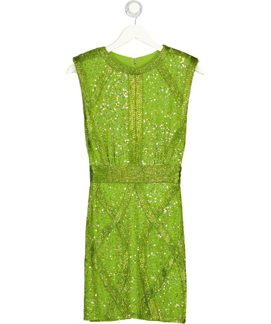 KAREN MILLEN Green Embellished Strong Shoulder Woven Mini Dress UK 6