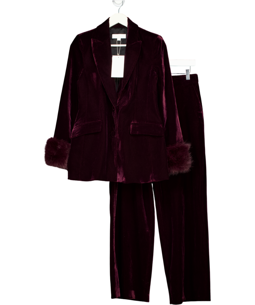 ZARA 2-piece Velvet Blazer With Faux Fur Cuffs (uk Xs) And Wide Leg Trouser (uk S) Suit In Burgundy Red UK XS/S