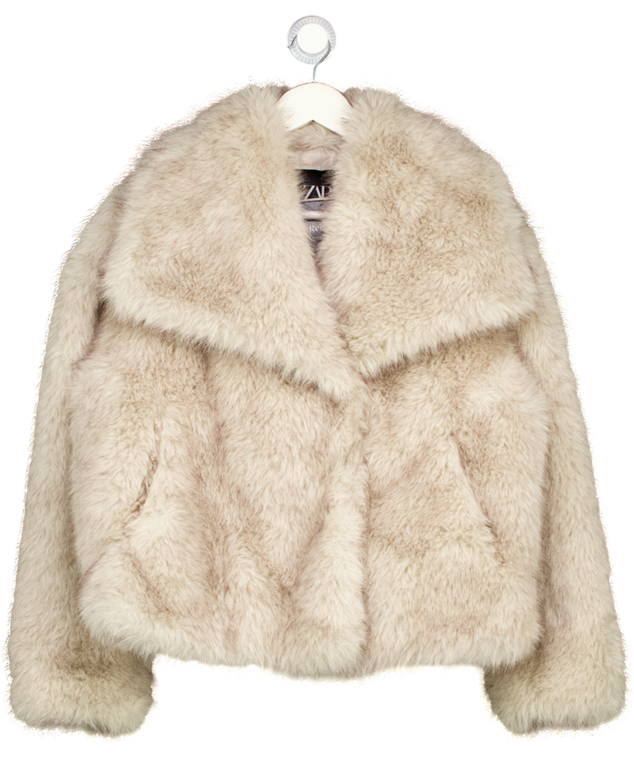 ZARA Cream Short Faux Fur Coat UK S