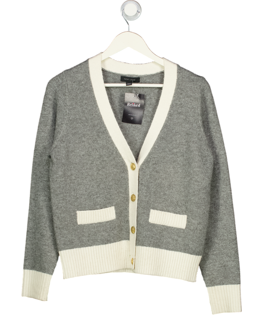 NEW LOOK Grey / Ivory Gold Button Cardigan UK 8