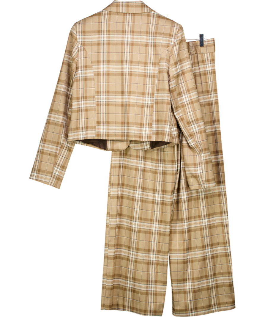 RIVER ISLAND 2-piece Beige Checked Pocket Detail Jacket & Wide Leg Trousers Suit UK 10