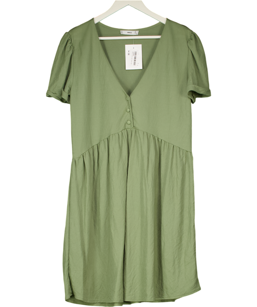 MANGO Green Kahki Gathered Button Detail Dress UK S
