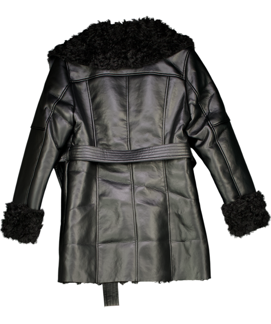 Karen Millen Black Faux Long Fur Belted Cuff And Collar Coat UK 10