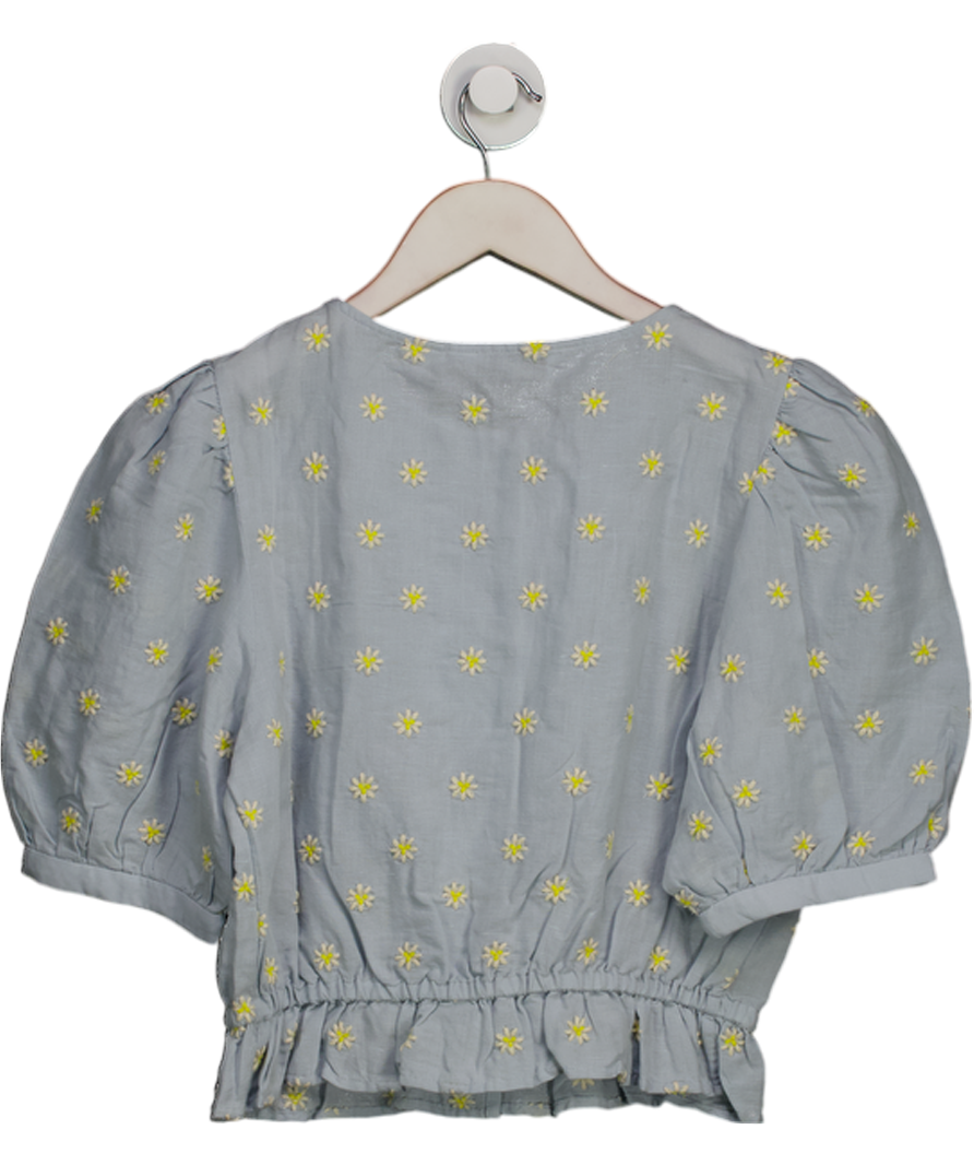 & Other Stories Blue Daisy Embroidered Cotton / Linen Blend Puff Sleeve Blouse UK 6