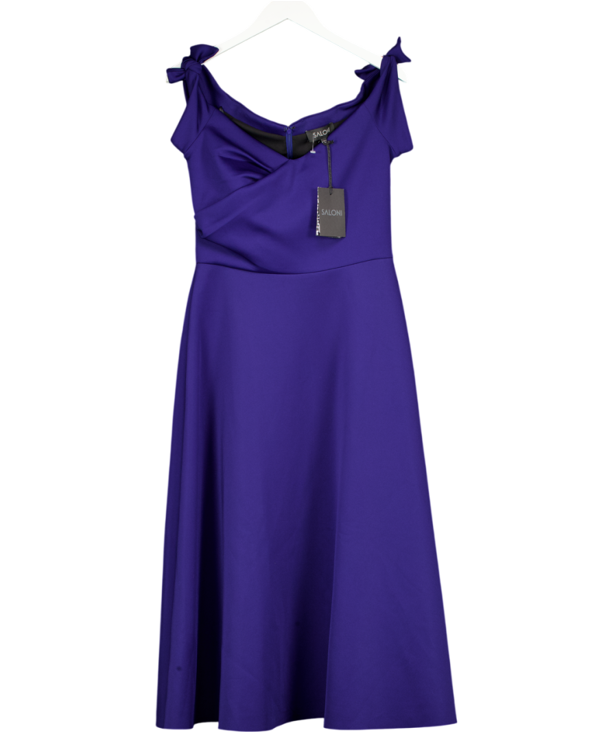 SALONI Blue Ruth Off-the-shoulder Knotted Neoprene Midi Dress UK 14