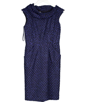 Oscar de la Renta Blue Draped Neck Sleeveless Tweed Textured Dress UK 8