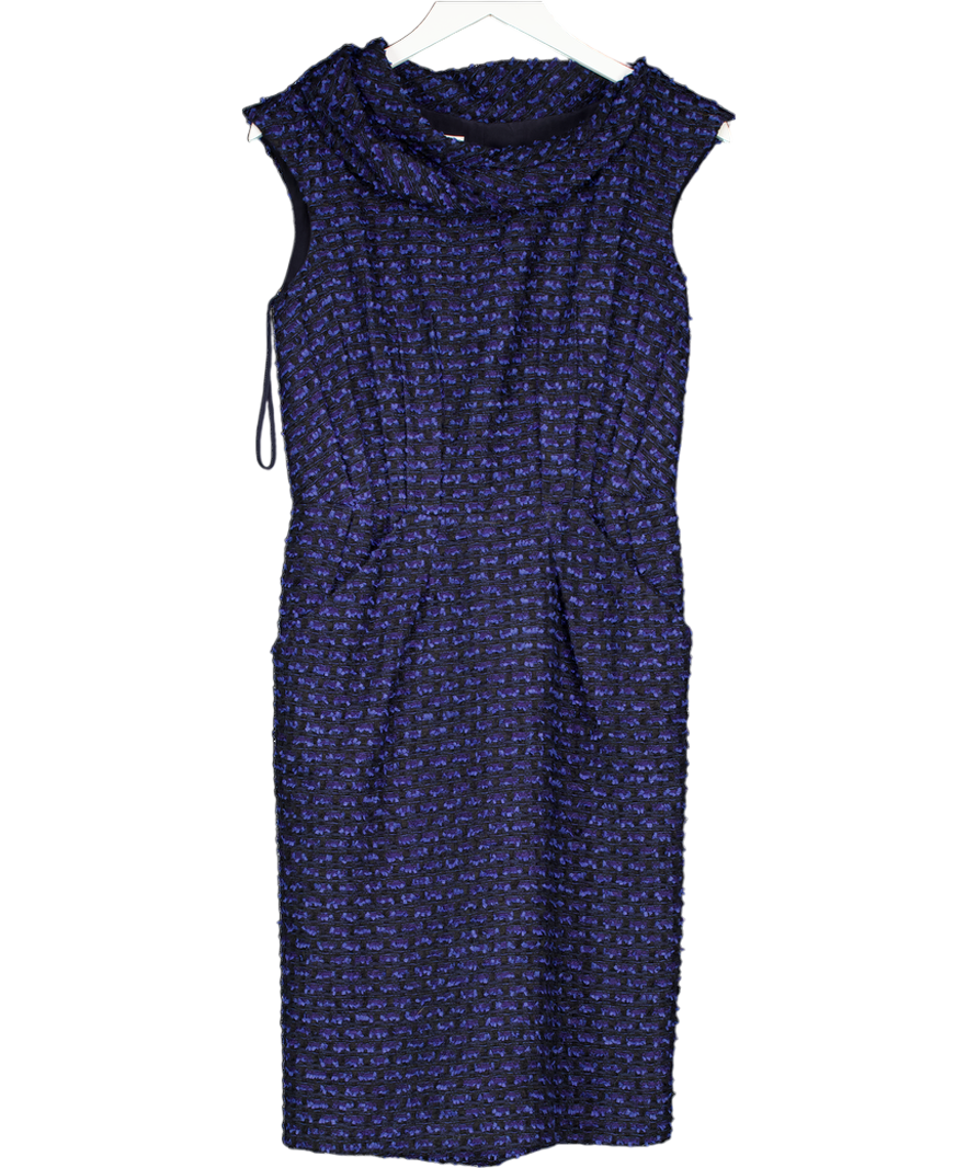 Oscar de la Renta Blue Draped Neck Sleeveless Tweed Textured Dress UK 8