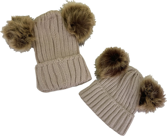Matching Set Of 2 Beige Ribbed Double Pom-pom Hats - One Adult/ One Child One Size