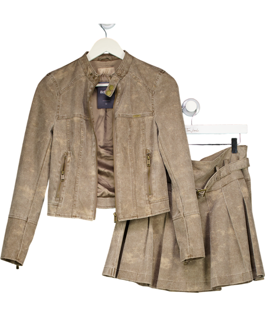 Guess Brown Faux Suede Biker Jacket (xs) And Skirt Set UK L