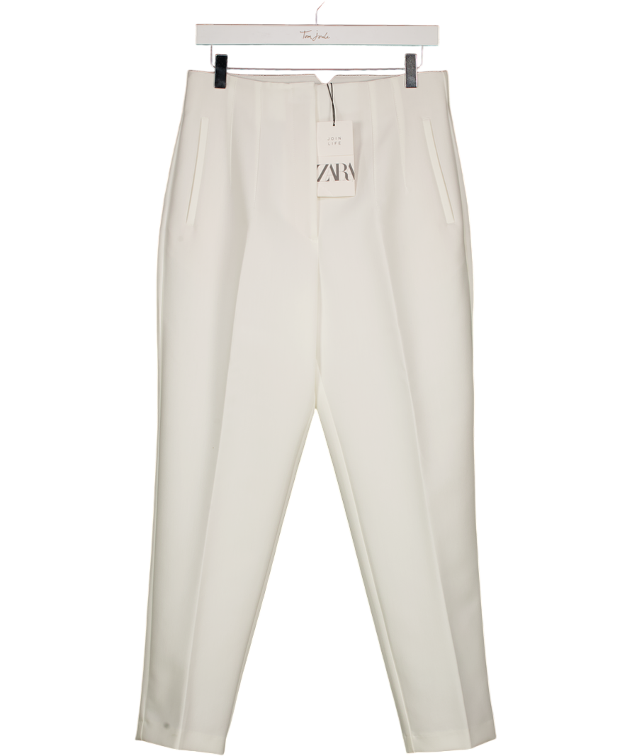 ZARA White High Waisted Tapered Tailored Trousers UK L