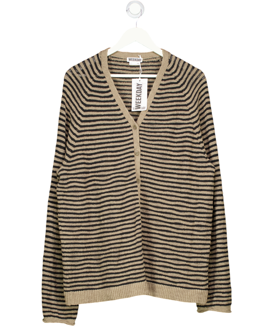 Weekday Beige / Black Stripe Cotton Jersey Colourblock Zip-up Crop Top UK S
