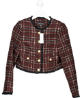 Karen Millen Red Burgundy / Black  Wool Mix Check Boucle Tailored Cropped Jacket UK 8