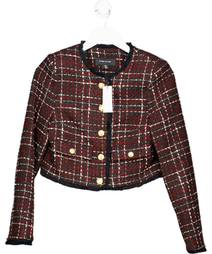 Karen Millen Red Burgundy / Black  Wool Mix Check Boucle Tailored Cropped Jacket UK 8
