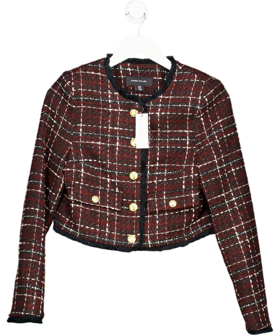 Karen Millen Red Burgundy / Black  Wool Mix Check Boucle Tailored Cropped Jacket UK 8
