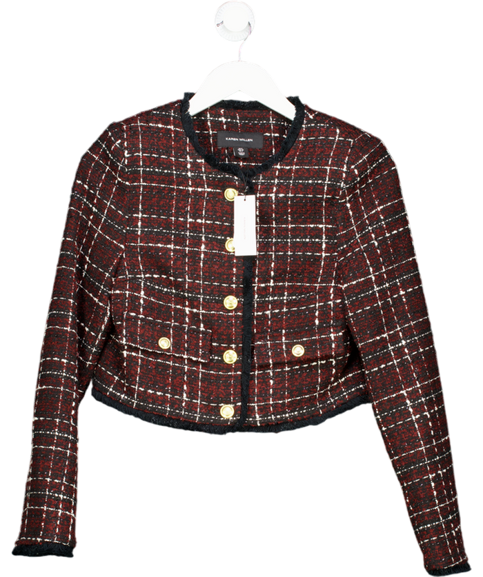 Karen Millen Red Burgundy / Black  Wool Mix Check Boucle Tailored Cropped Jacket UK 8
