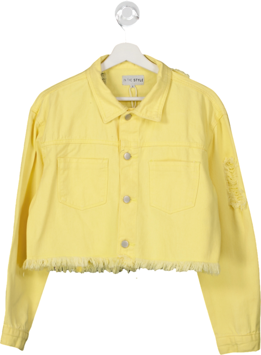 In The Style Yellow Frayed Hem Cropped Denim Jacket UK 8