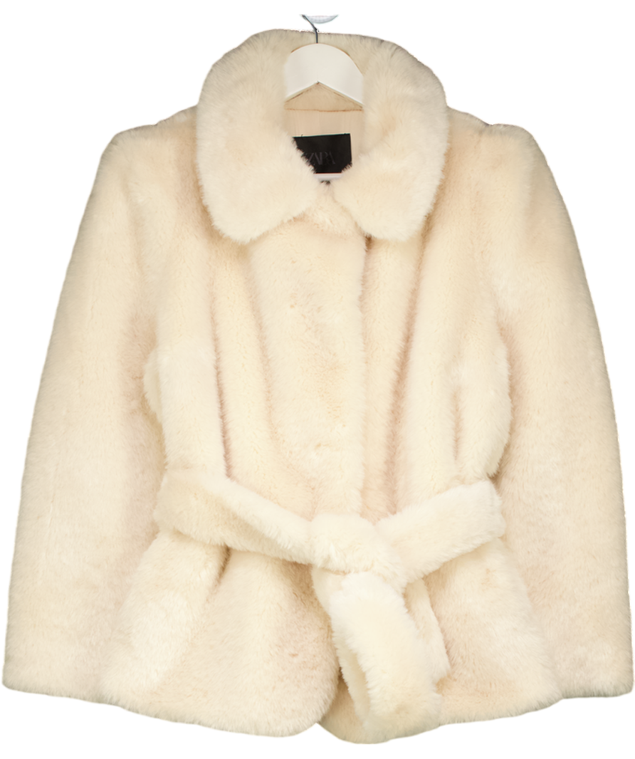 ZARA Cream Faux Fur Belted Coat Zw Collection UK L