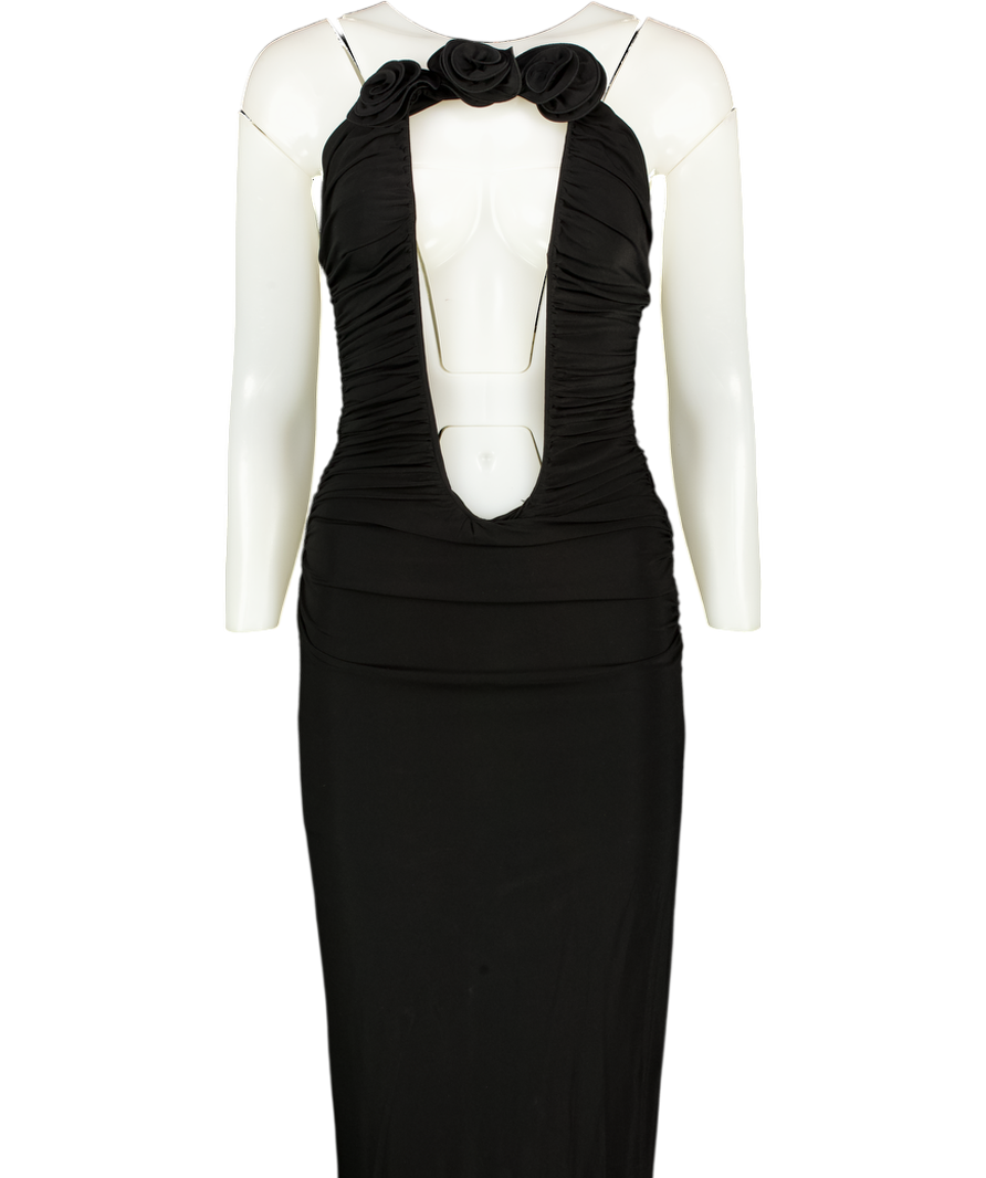Magda Butrym Dress Deep Structured V Halter Neck Black Dress With 3d Roses Fr38 UK 10