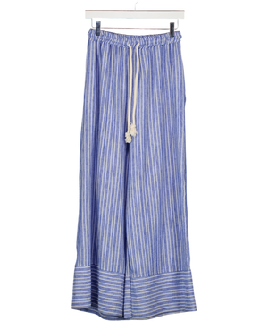 ANDROMEDE PARIS Blue & White Striped Linen Blend Drawstring Trousers UK S
