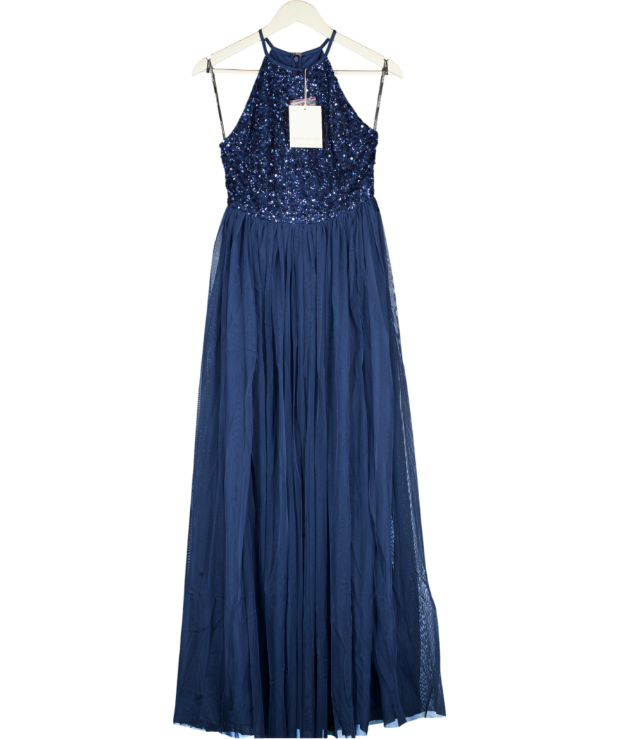 MAYA DELUX Navy Blue Embellished Tulle Maxi Dress UK 6