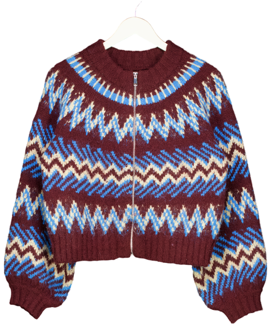 M&S Per Una Burgundy / Blue Fair Isle Knitted Bomber Cardigan UK M