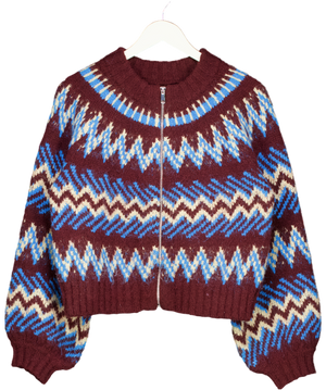 M&S Per Una Burgundy / Blue Fair Isle Knitted Bomber Cardigan UK M