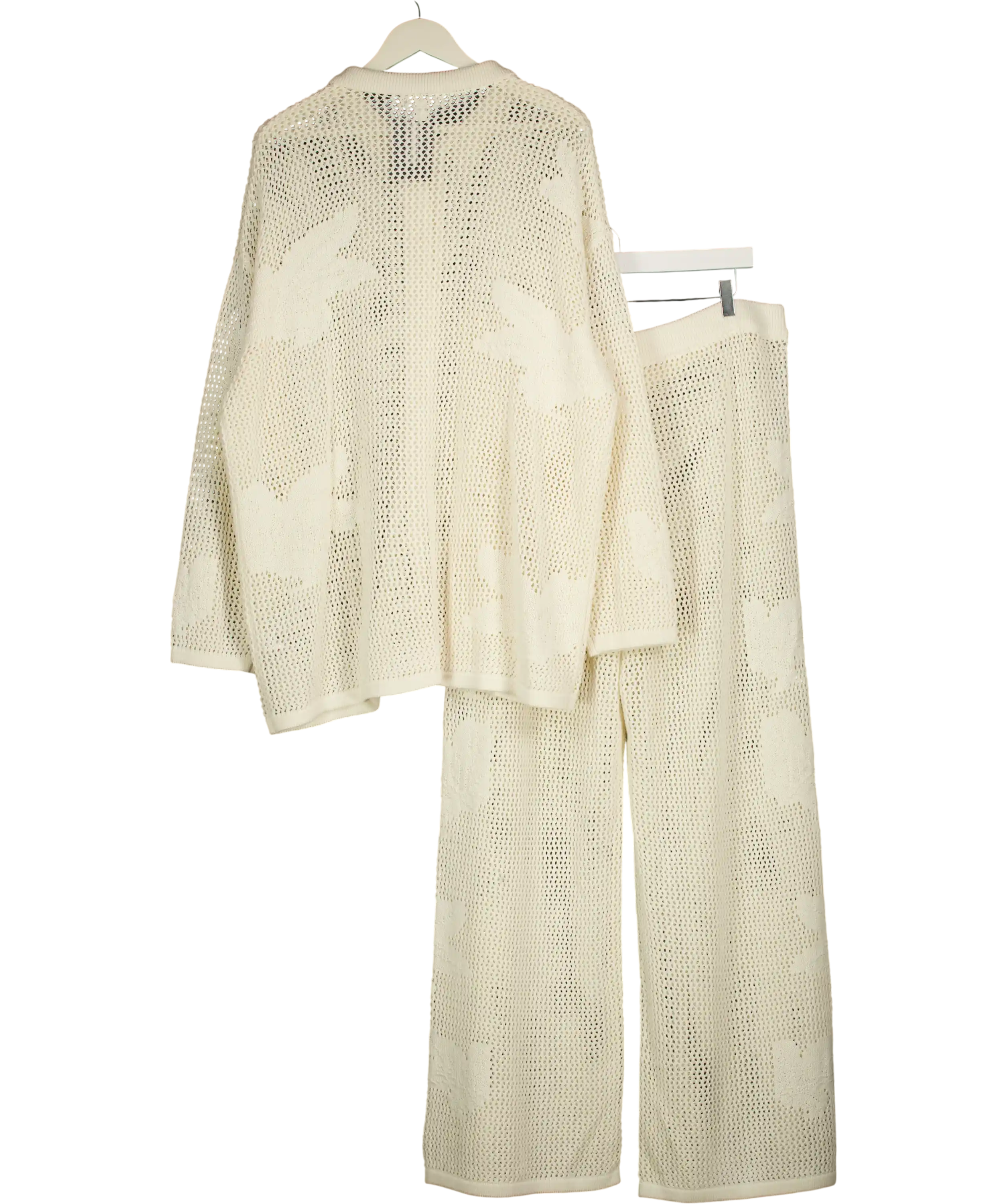 PRETTY LAVISH Cream Open Knit Floral Oversized Shirt & Trousers Co-ord UK XL
