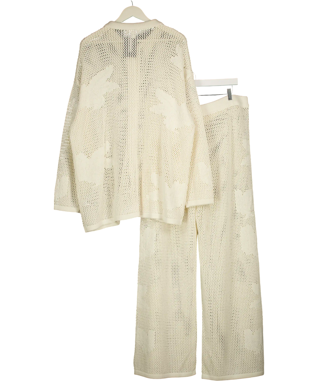 PRETTY LAVISH Cream Open Knit Floral Oversized Shirt & Trousers Co-ord UK XL