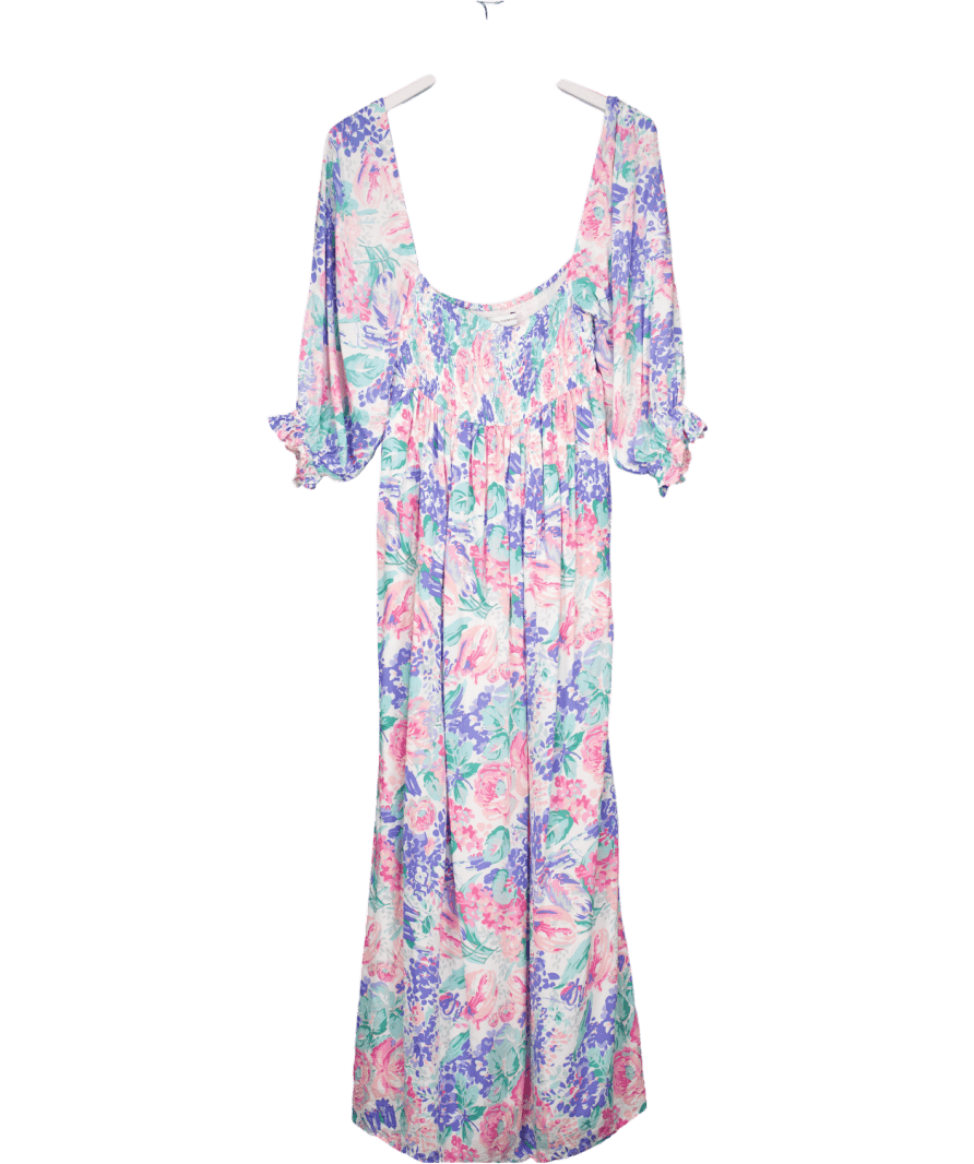 Faithful The Brand Blue Floral Lined Shirred Bodice Midi Dress UK 10 - Reliked