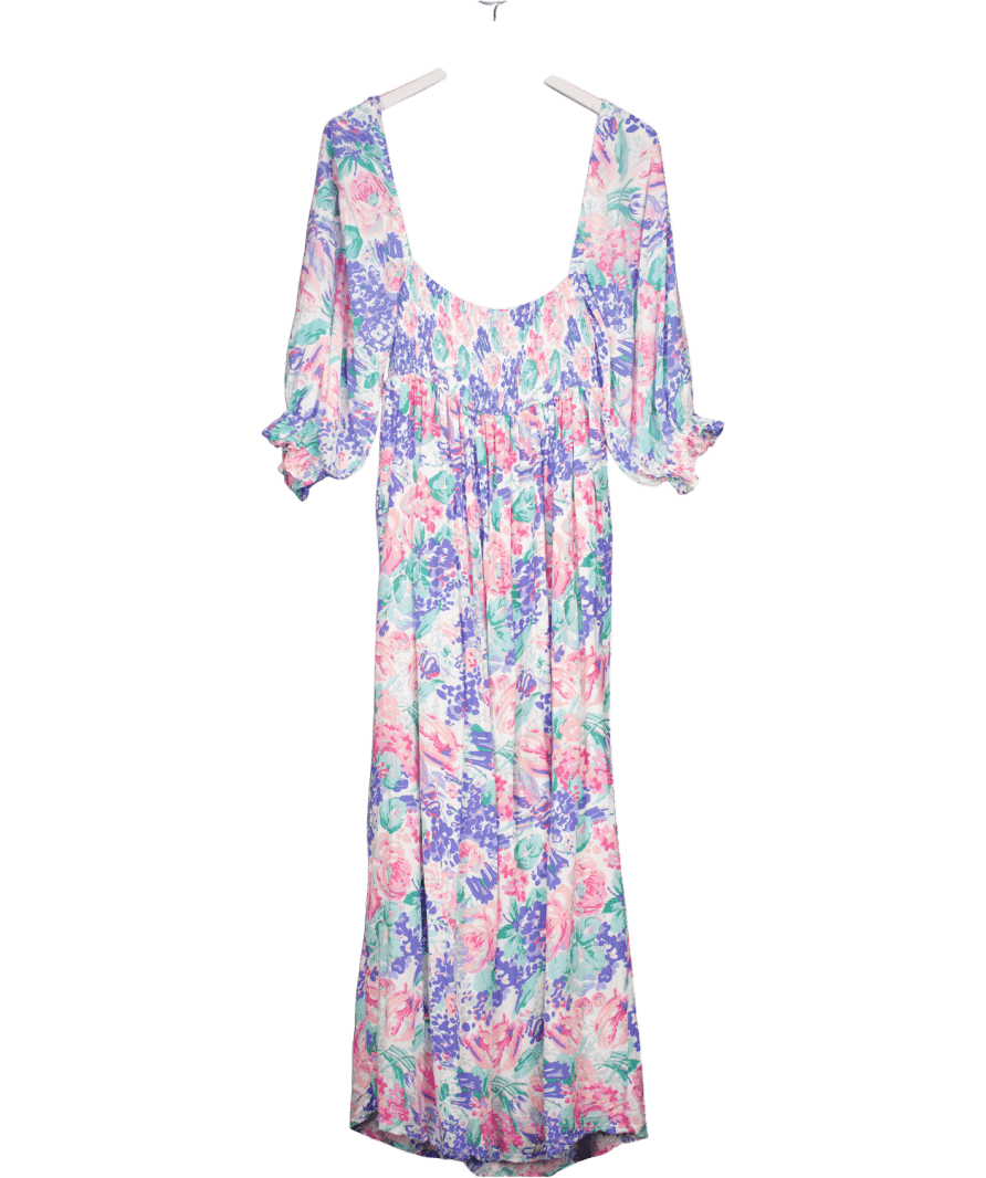 Faithful The Brand Blue Floral Lined Shirred Bodice Midi Dress UK 10 - Reliked