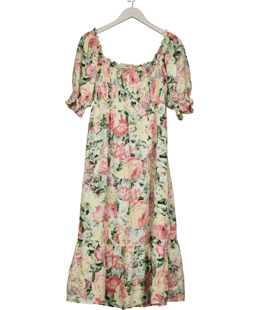 Faithful The Brand Yellow Floral 100% Linen Shirred Bodice Midi Dress UK 10 - Reliked