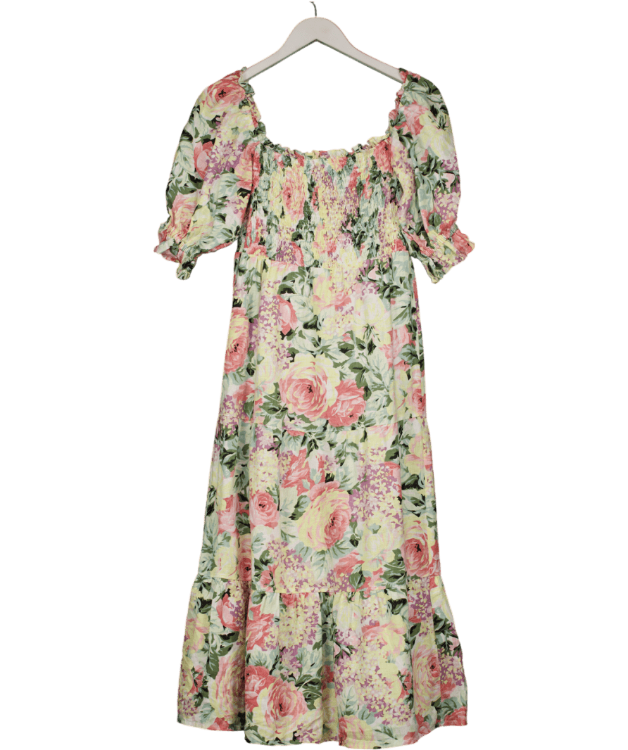 Faithful The Brand Yellow Floral 100% Linen Shirred Bodice Midi Dress UK 10 - Reliked
