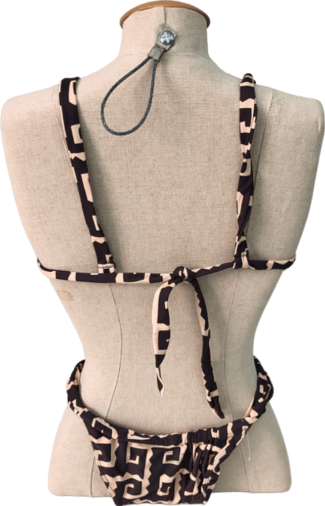 Faithfull The Brand Brown and Beige Geometric Bikini Set UK L - Reliked