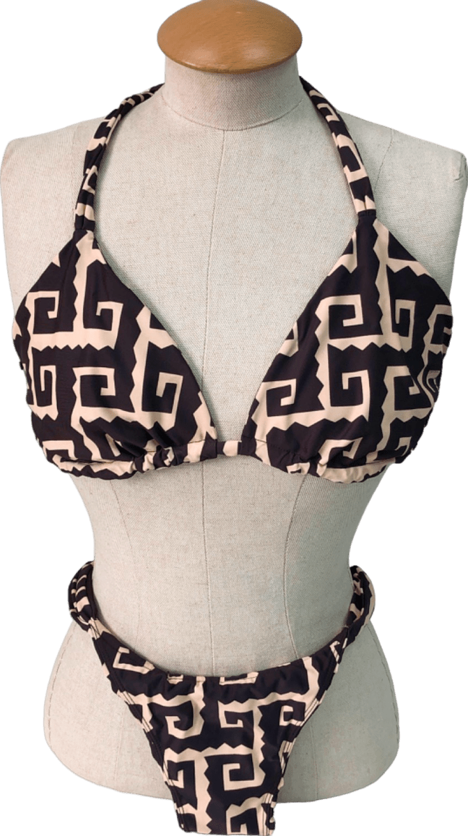 Faithfull The Brand Brown and Beige Geometric Bikini Set UK L - Reliked