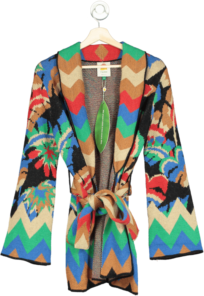 Farm Rio Multicoloured Chevron Forest Jacquard Belted Cardigan UK XS - Reliked