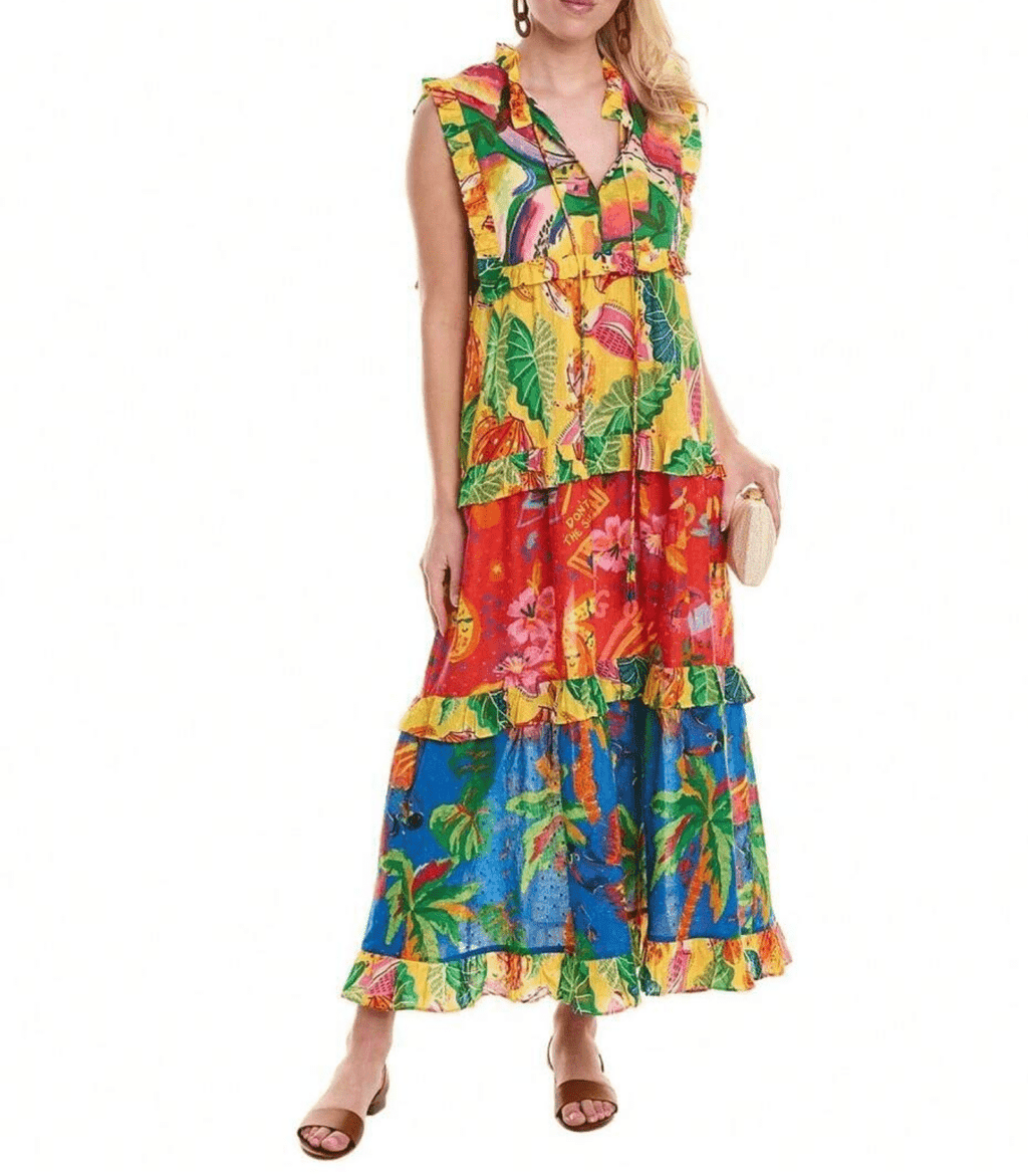 Farm Rio Multicoloured Mixed Prints Tiered Maxi Dress XS - Reliked