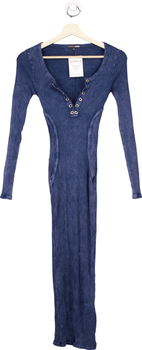 Fashion Nova Blue Ribbed Long Sleeve Dress XS - Reliked