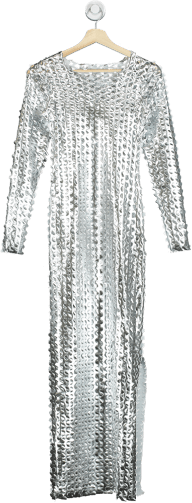 Fashion Nova Silver Sequin Long Sleeve Maxi Dress UK S - Reliked