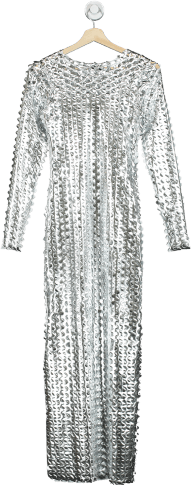 Fashion Nova Silver Sequin Long Sleeve Maxi Dress UK S - Reliked