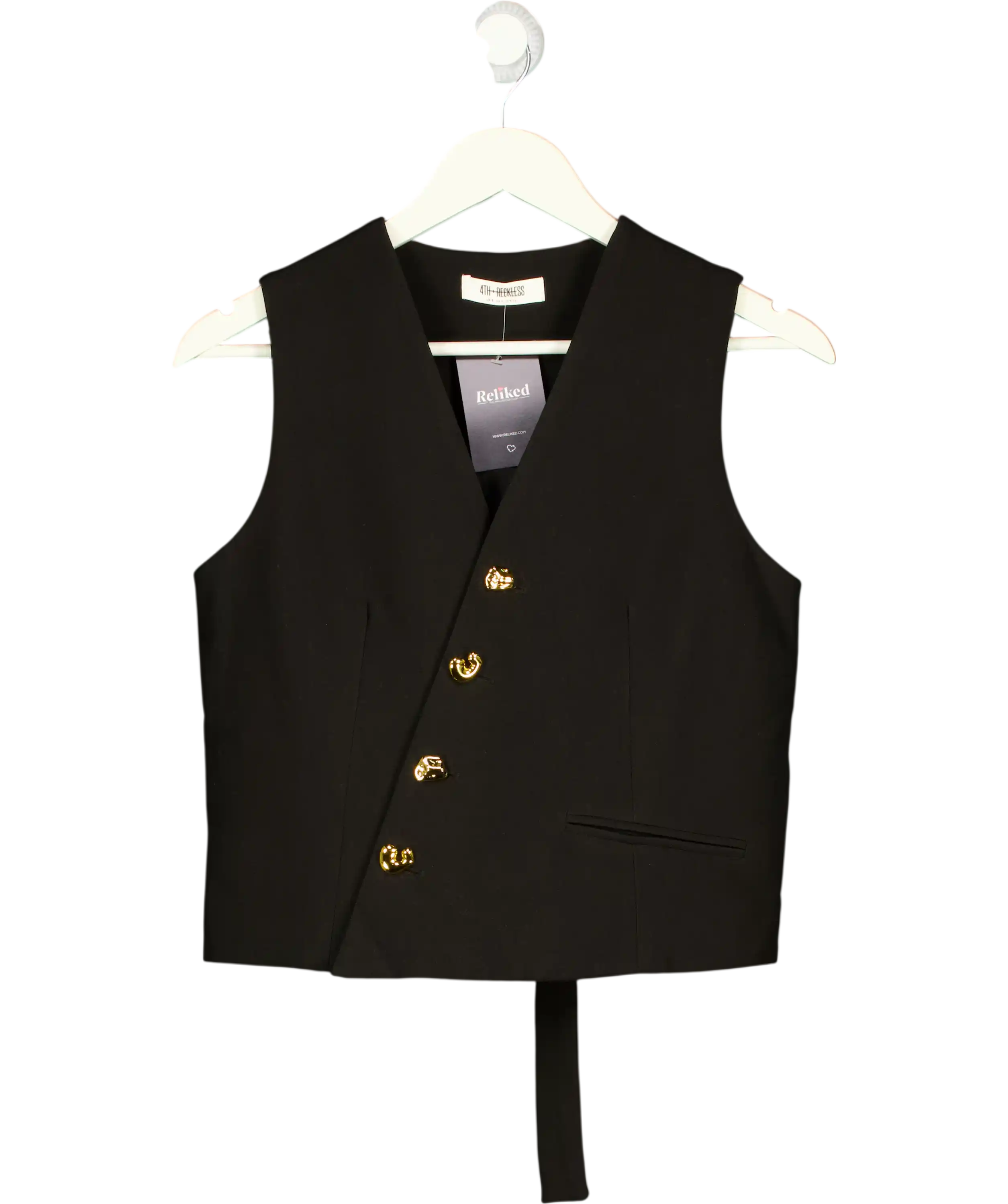 4th & Reckless Black Tailored Asymmetric Gold Button Waistcoat UK 8