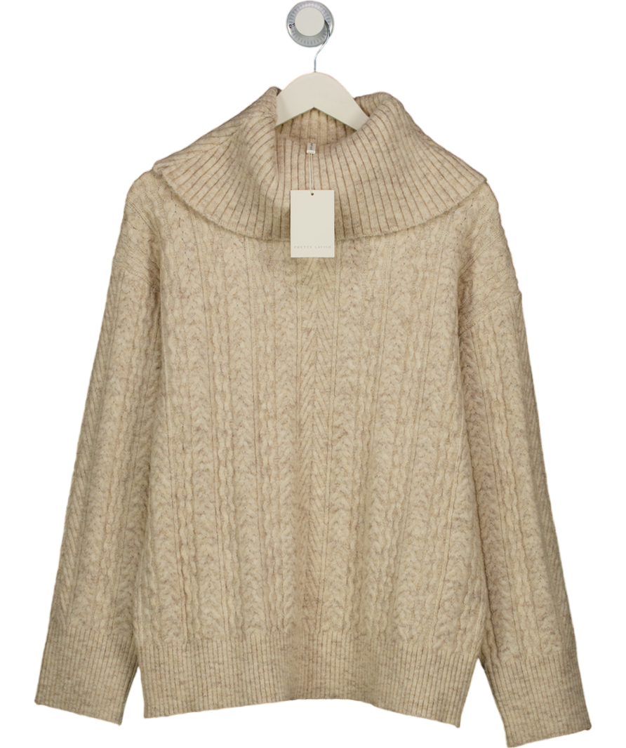 PRETTY LAVISH Beige Cable Knit Exaggerated Roll Neck Jumper UK S