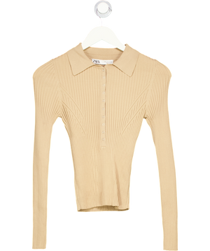 ZARA Beige Long Sleeve Ribbed Polo Knit UK S